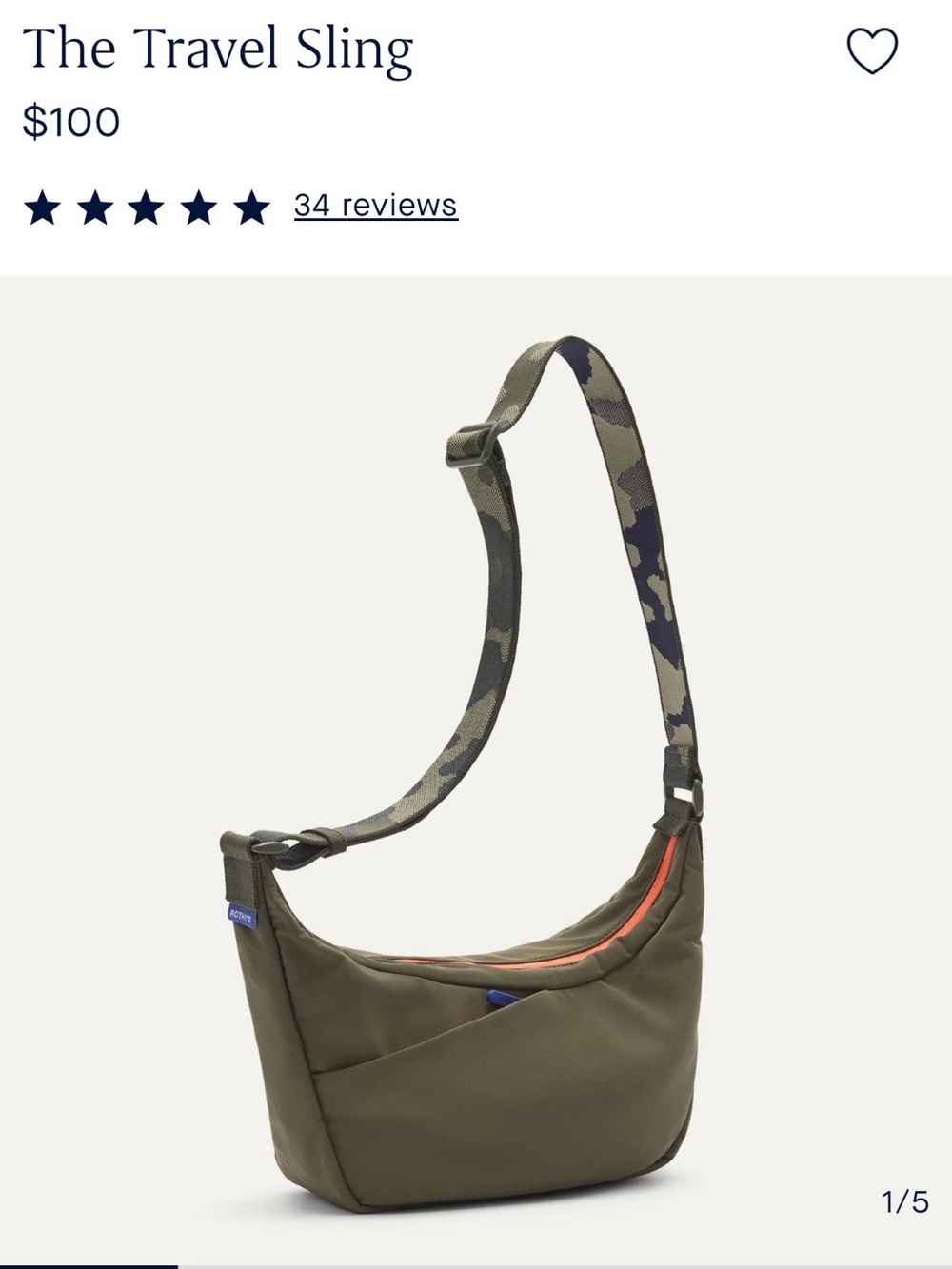 Away Olive Travel Sling with Camo Strap and Orange Trim